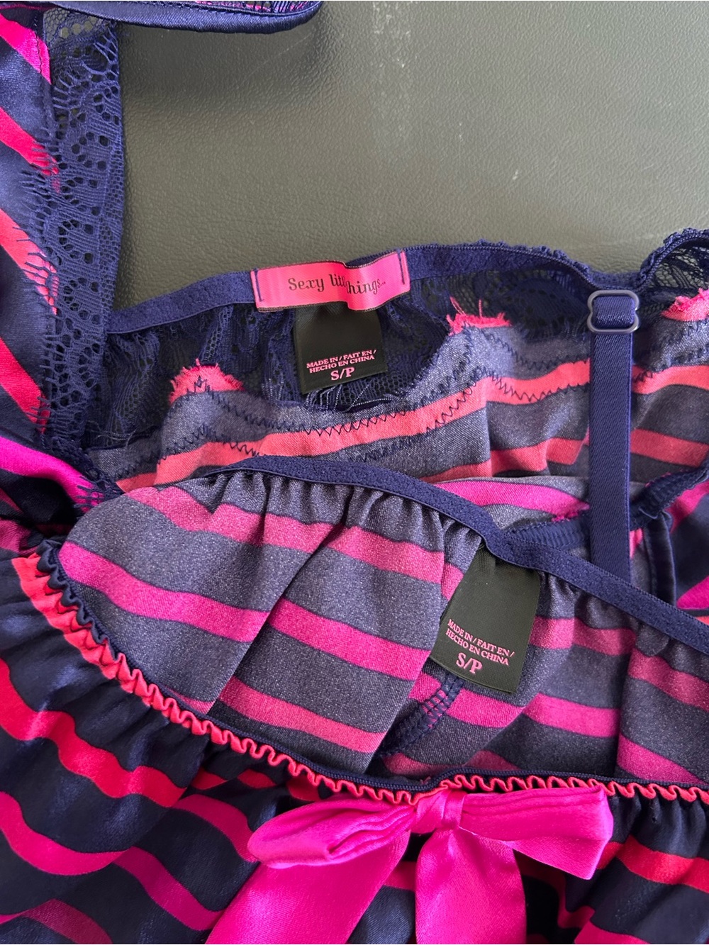 VICTORIA SECRET SEXY LITTLE THINGS Striped Satin Baby Doll Lingerie Set VIBRANT - Picture 11 of 13